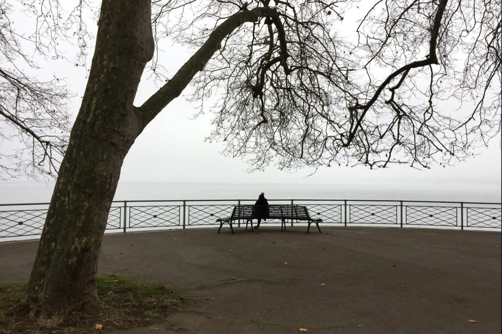 Banco hacia el lago en el Parc de la Perle du Lac de Ginebra